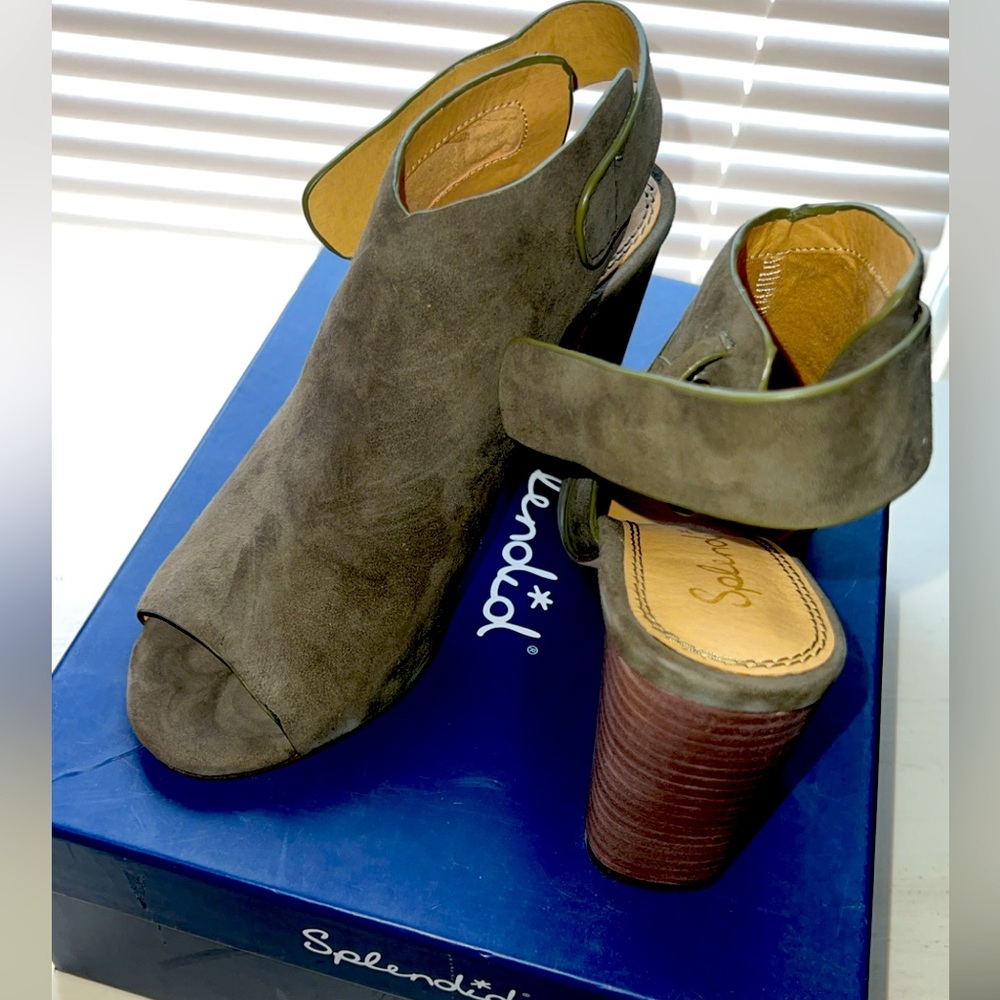 open toe sling back suede box heel